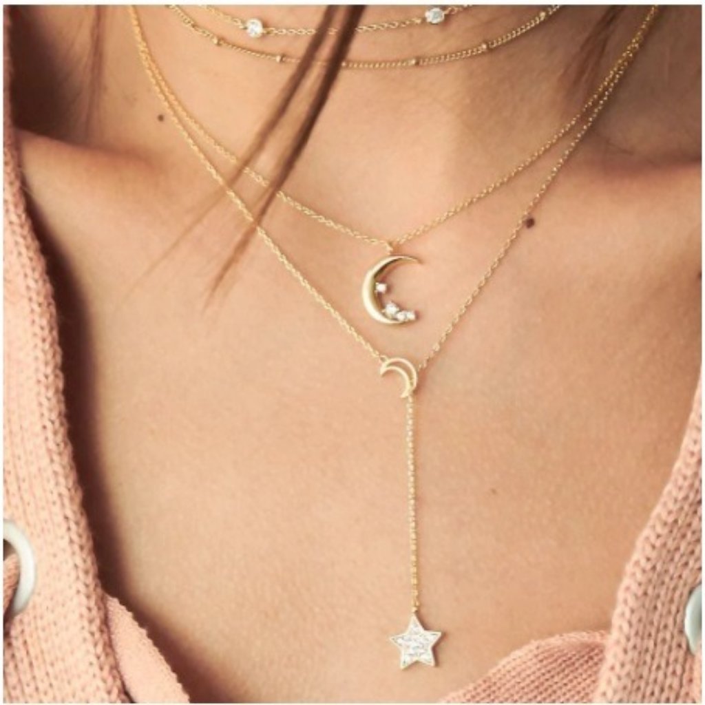 Gold Rhinestone Layered Celestial Necklace